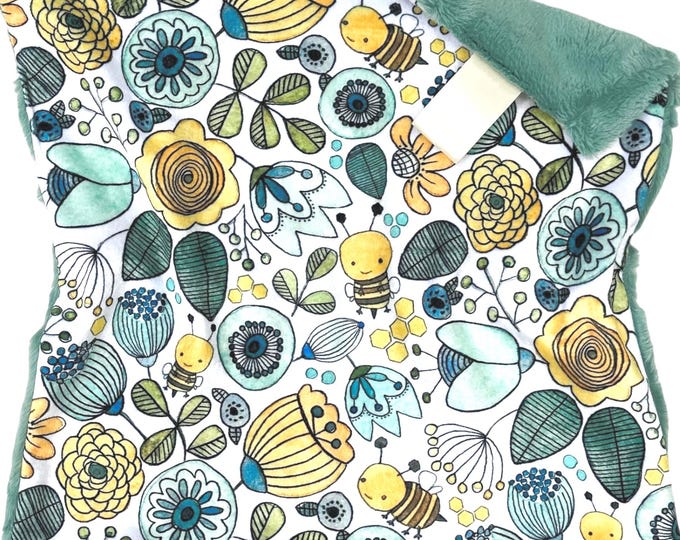 Cute Bumble Bee Lovey Blanket | Floral Bee Minky Security Blanket |  Baby Gift for Girl | Handmade Baby Lovey | Woodland Nursery