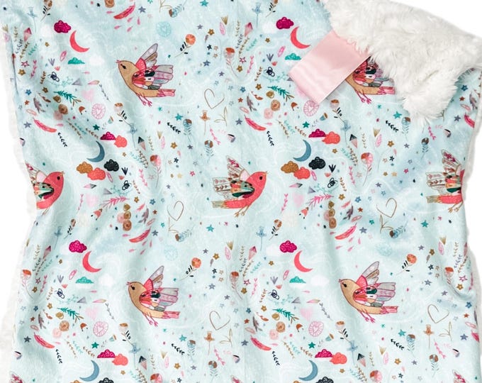 Whimsical Birds Lovey Blanket | Soft Cuddle Security Blanket |  Baby Gift for Girl | Handmade Baby Lovey | Nursery Decor for Girl