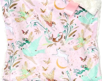 Couverture Lovey Fées enchantées | Couverture de sécurité douce et câline |  Cadeau de naissance pour fille | Lovey fait main pour bébé | Chambre de bébé fée