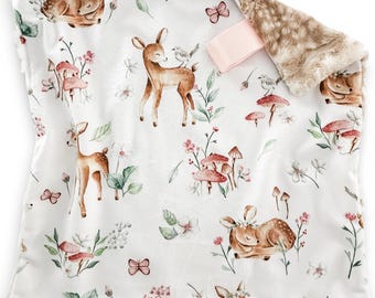 Couverture Lovey fauve des bois | Couverture de sécurité pour animaux de la forêt |  Cadeau de naissance pour fille | Lovey fait main pour bébé | Pépinière des bois