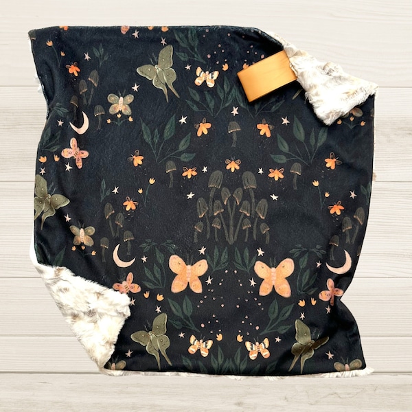 Moonlit Moth Lovey Blanket | Magical Firefly and Moth Minky Baby Blanket | Lovey for Babies | Woodland Nursery Decor | Baby Gift