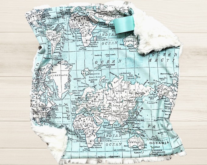 World Map Lovey | Soft Minky Cuddle Fur | Gender Neutral | Baby Shower Gift | Explore Earth Travel | Old World Aqua