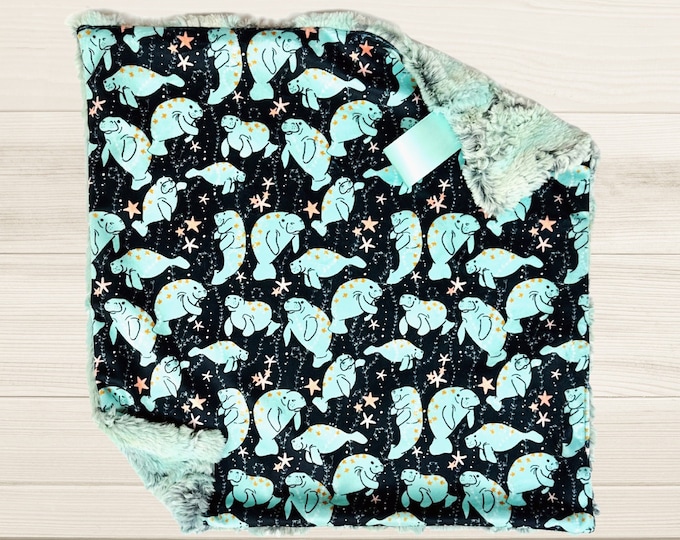 Manatee Minky Lovey Blanket | Aqua and Blue Lovey | Sea Life | Ocean Nursery Decor | Security Blanket | Baby Gift