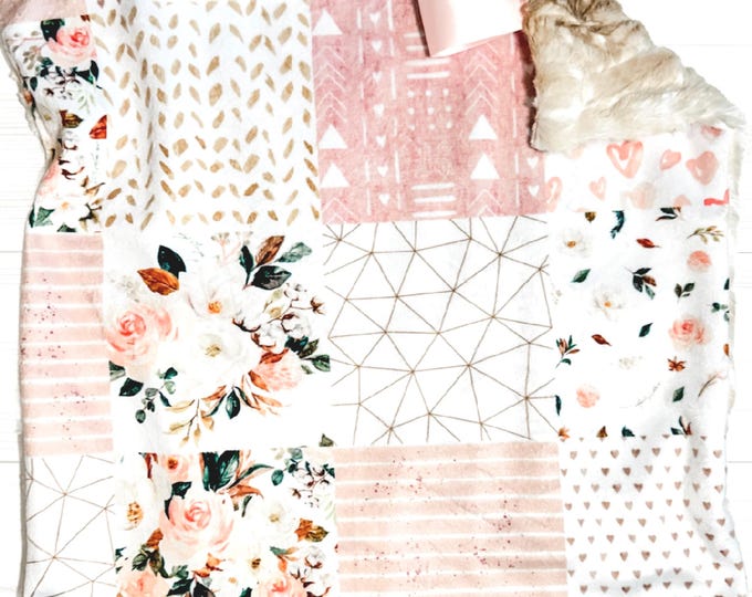 Magnolia Floral Lovey Blanket: Minky Faux Fur Patchwork Security Blanket