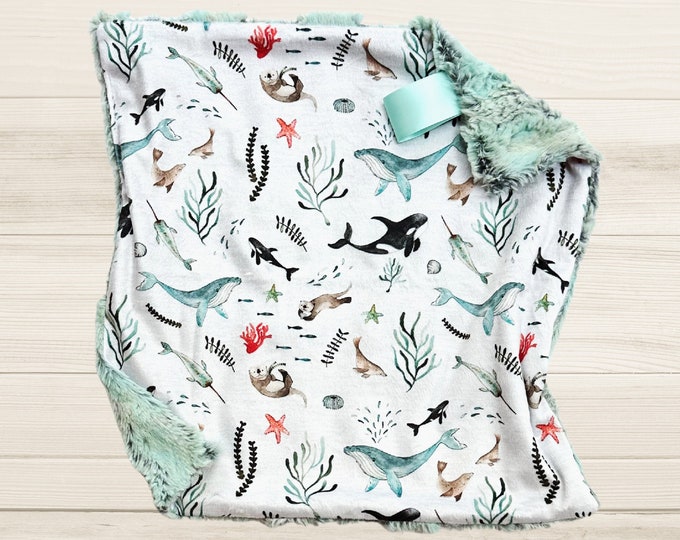 Handmade Ocean Baby Blanket: Minky & Faux Fur - Soft Cozy Gift