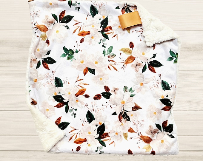 Magnolia Floral Lovey Blanket | Cozy Minky and Faux Fur | Watercolor Design | Security Blanket | Perfect Baby Gift