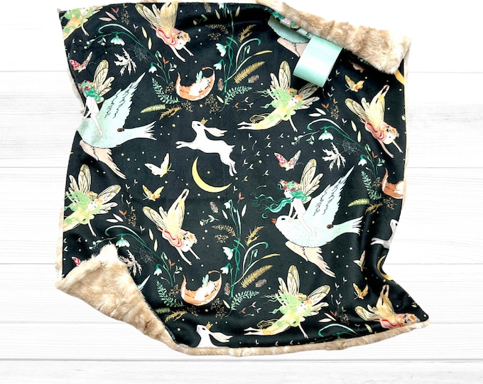 Enchanted Fairy Lovey Blanket | Cozy Minky and Faux Fur | Moon Bunny Bird | Security Blanket | Baby Girl Gift