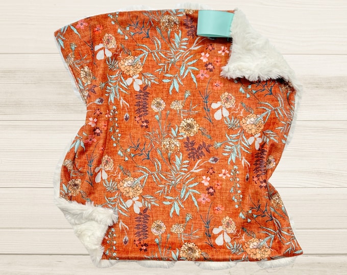 Boho Floral Minky Lovey Blanket: Rust Marigold Baby Security Blanket