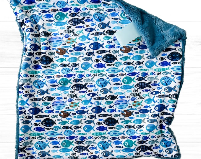 Blue Watercolor Fish Minky Baby Lovey: Ocean Nursery Blanket
