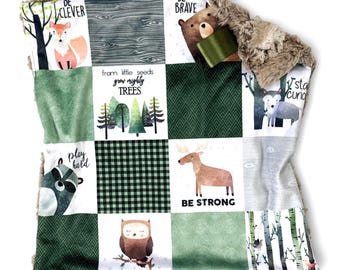 Couverture Lovey Animaux des bois | Édredon de tricheur d'animal de forêt |  Cadeau neutre pour bébé | Couverture pour bébé faite main | Pépinière des bois