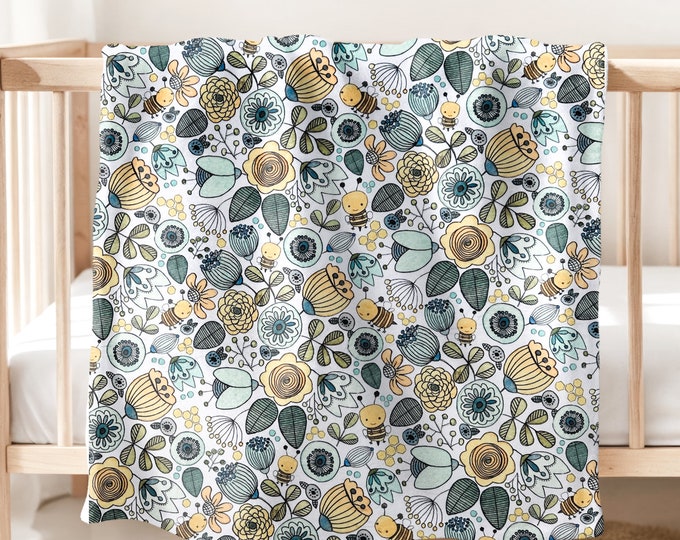 Cuddly Botanical Bee Lovey Blanket | Perfect Baby Shower Gift | Whimsical Bumble Bee Flower Garden Security Blanket | Handmade