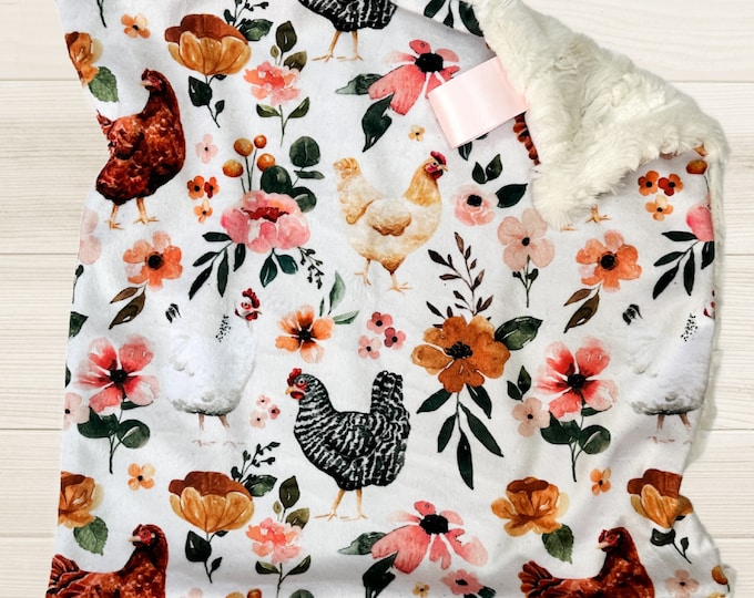 Chicken Baby Blanket with Flowers | Floral Chickens Minky Lovey | Chicken Breeds |  Farm Security Blanket |  Baby Girl Gift