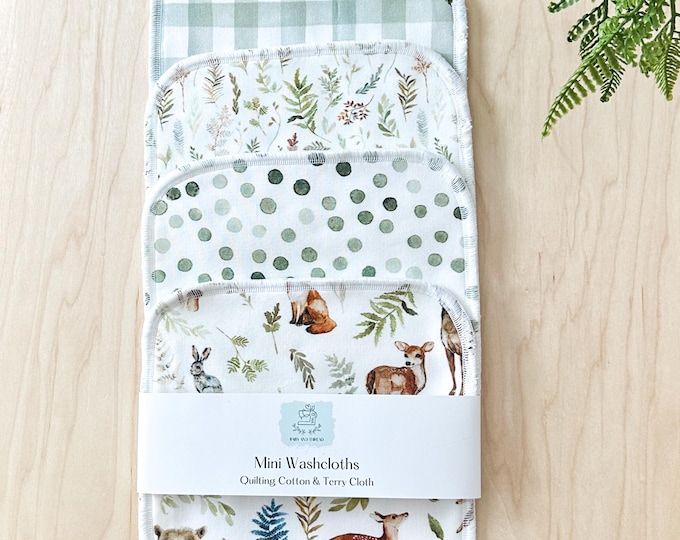 Woodland Baby Washcloths – Set of 4 | Organic Cotton Terry | Reusable Baby Wipes | Soft & Absorbent | New Baby Gift