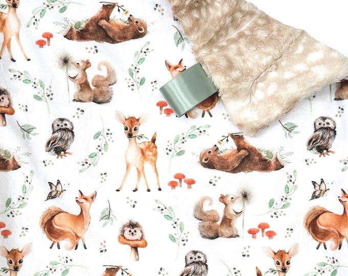Personalized Baby Blanket with Woodland Animals | Fawn Minky Baby Blanket |  Woodland Nursery Decor | Baby Shower Gift