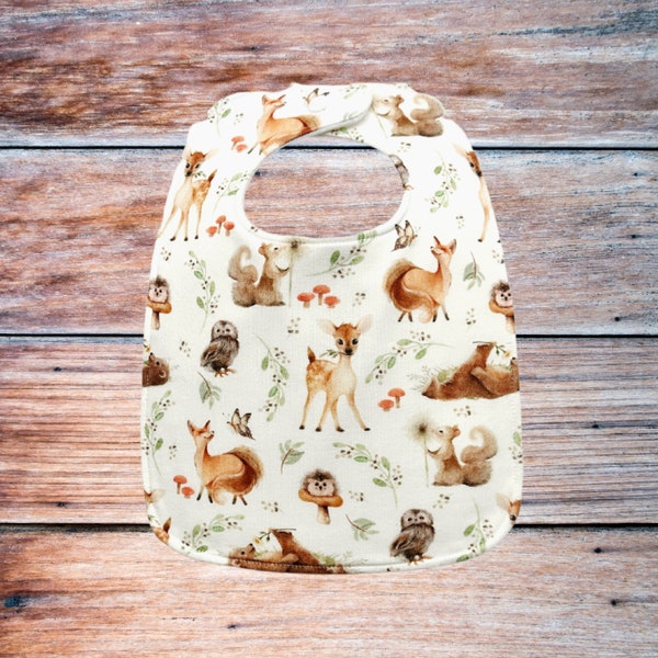 Woodland Animals Baby Bib | Forest Friends Drool Bib | Deer, Bear, Fox | Organic Cotton Fleece | Gifts Under 20 | Triple Layered | Baby Gift