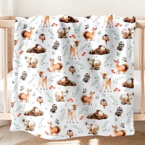 Baby Blanket with Woodland Animals | Embroidered Baby Blanket with Fawn |  Woodland Nursery Decor | Baby Gift