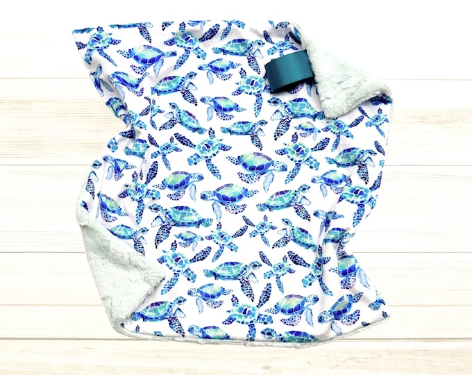 Sea Turtle Minky Lovey Blanket | Aqua and Blue Lovey | Sea Life Baby Blanket | Ocean Nursery Decor | Security Blanket | Baby Gift