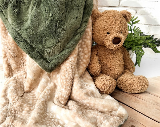 Double Sided Faux Fur Baby Blanket-Ivy Green and Fawn | Personalized Ultra Soft Cozy Blanket for Babies, Toddlers, and Kids | Baby Gift