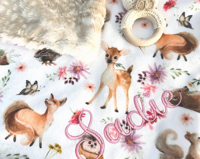 Woodland Animals Lovey Blanket | Personalized Baby Forest Friends Security Blanket | Woodland Nursery Decor | Soft Little Gift for Newborn