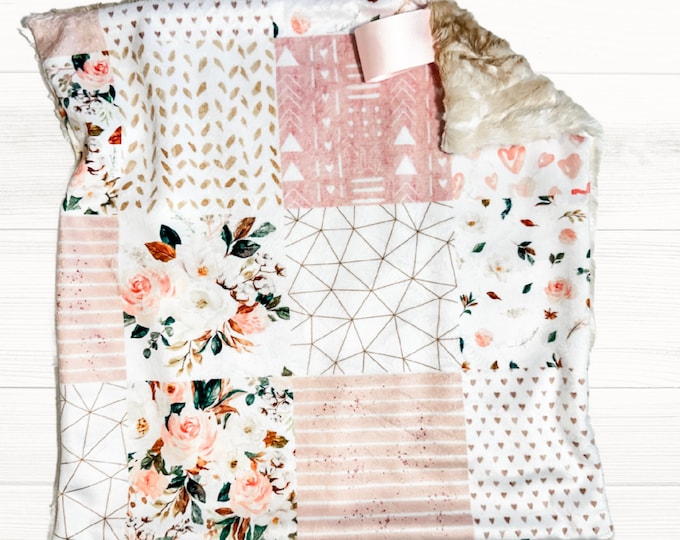 Vintage Magnolia Floral Lovey Blanket | Cozy Minky and Faux Fur | Patchwork Design | Security Blanket | Perfect Baby Girl Gift