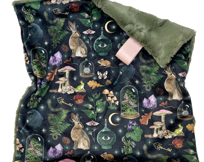 Forest Magic Lovey Blanket | Witchy Forest Print Baby Blanket on Minky and Faux Fur | Woodland Nursery Decor | Soft Gift for Baby Girl
