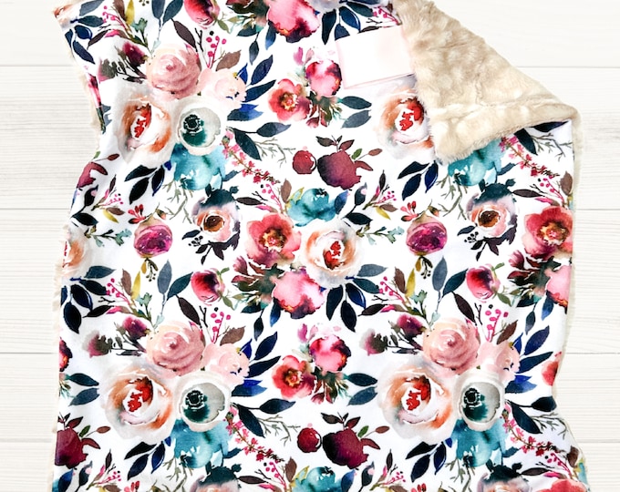 Floral Minky Lovey with Fawn Fur Backing | Baby or Toddler Girl Baby Blanket | Modern Floral | Floral Nursery Decor