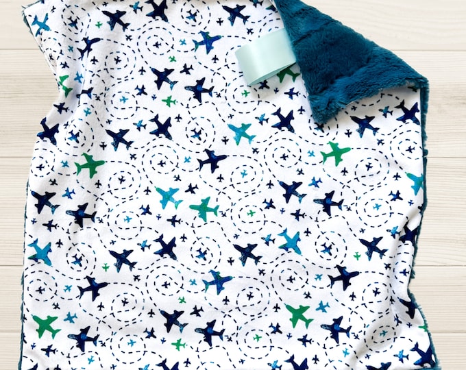 Lovey Blanket with Airplanes | Airplane Minky Baby Blanket | Cuddly Security Blanket | Airplane Nursery Decor | Baby Shower Gift