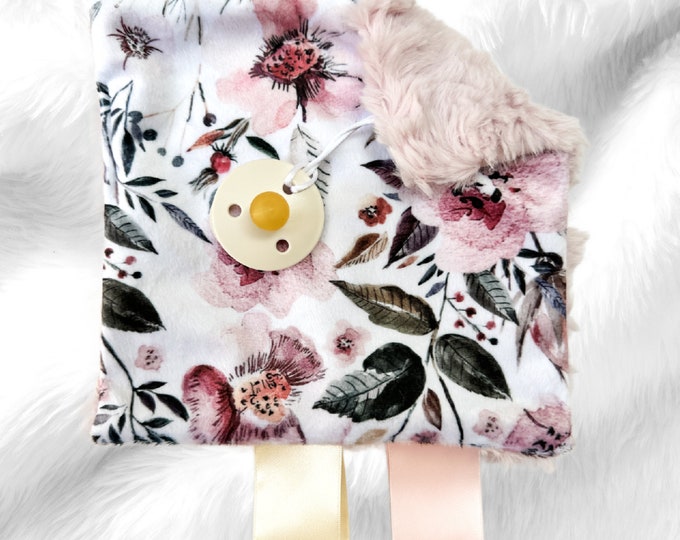 Blush Floral Pacifier Holder | Minky Crinkle Toy | Baby Accessories | Sensory Toy | Baby Shower Gift