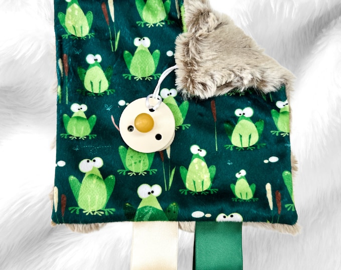 Green Frog Pacifier Holder | Minky Crinkle Toy | Baby Accessories | Sensory Toy | Baby Shower Gift