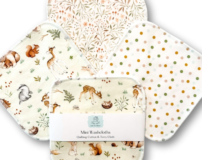 Woodland Animals Baby Washcloths – Set of 4 | Mini Washcloths with Organic Cotton Terry | Reusable Baby Wipes | New Baby Gift | Gift for Mom