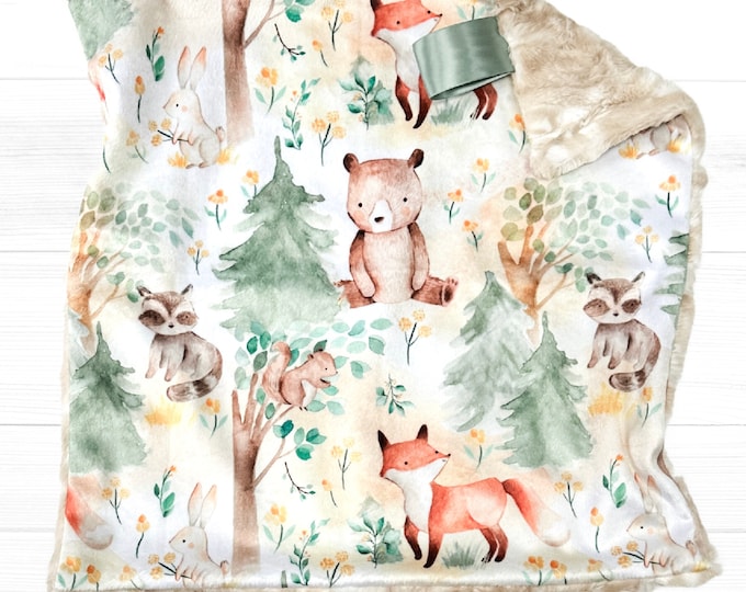 Personalized Woodland Animals Lovey for Babies | Forest Animals Baby Blanket | Baby Deer Lovey | Woodland Nursery Decor | Baby Shower Gift