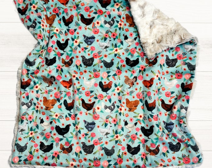 Chicken Lovey Blanket | Floral Chickens Minky Lovey | Chicken Breeds |  Farm Security Blanket |  Baby Girl Gift