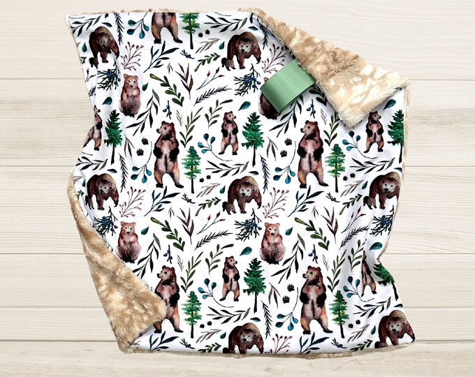 Bear Lovey Blanket | Forest Bear Security Blanket | Woodland Nursery Decor | Soft Little Gift for Newborn
