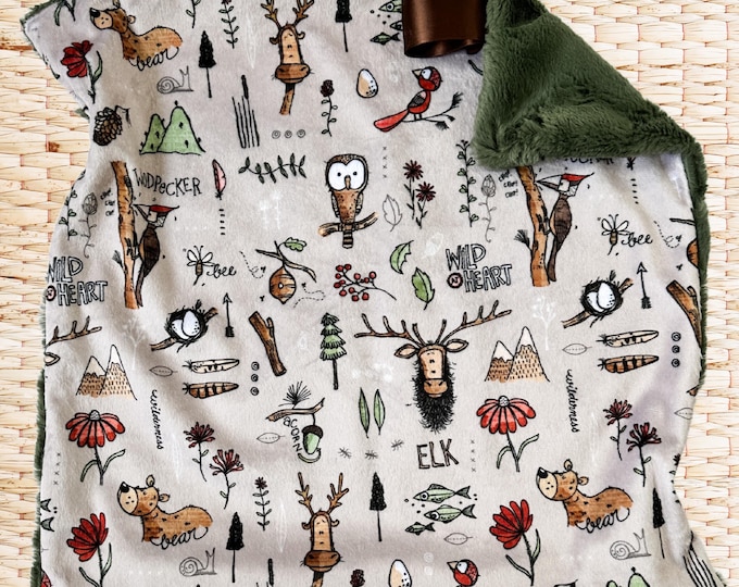 Woodland Minky Lovey Blanket | Elk Lovey | Wilderness Lovey | Bees, Acorns, Woodpeckers, Mountains | Nature Baby Blanket | Baby Gift