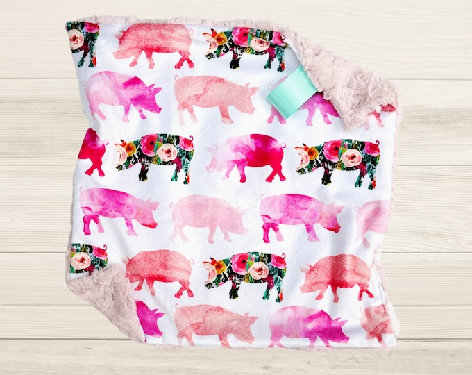 Pig Minky Lovey Blanket | Farm Animal Baby Blanket | Security Blanket | Farm Nursery Decor | Lovey for Babies | Baby Girl Gift