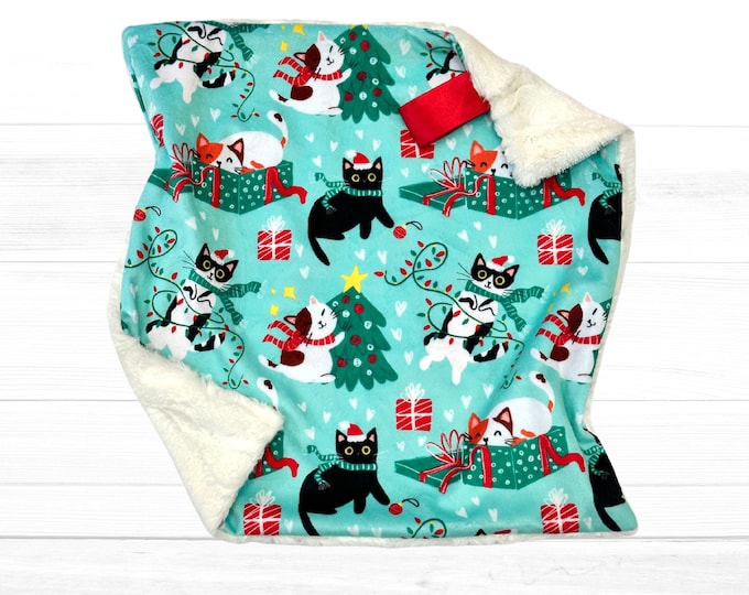 Christmas Kitties Lovey Blanket | Cozy Minky and Faux Fur | Security Blanket | Perfect Baby Gift