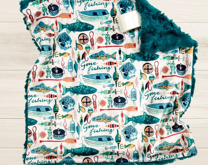 Gone Fishing Minky Lovey Blanket |  Personalized Fishing Baby Blanket | Custom Security Blanket | Outdoors Nursery Decor | Baby Shower Gift
