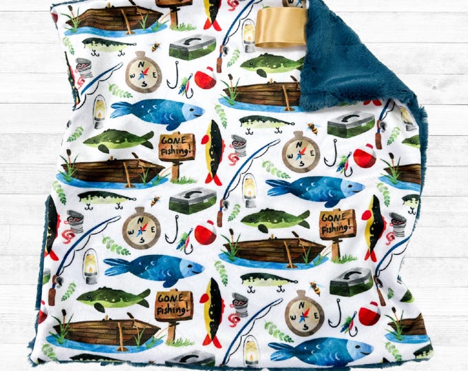 Gone Fishing Baby Blanket with Faux Fur Back - Fishing Theme Nursery - Soft Minky Blanket - Outdoor Baby Gift