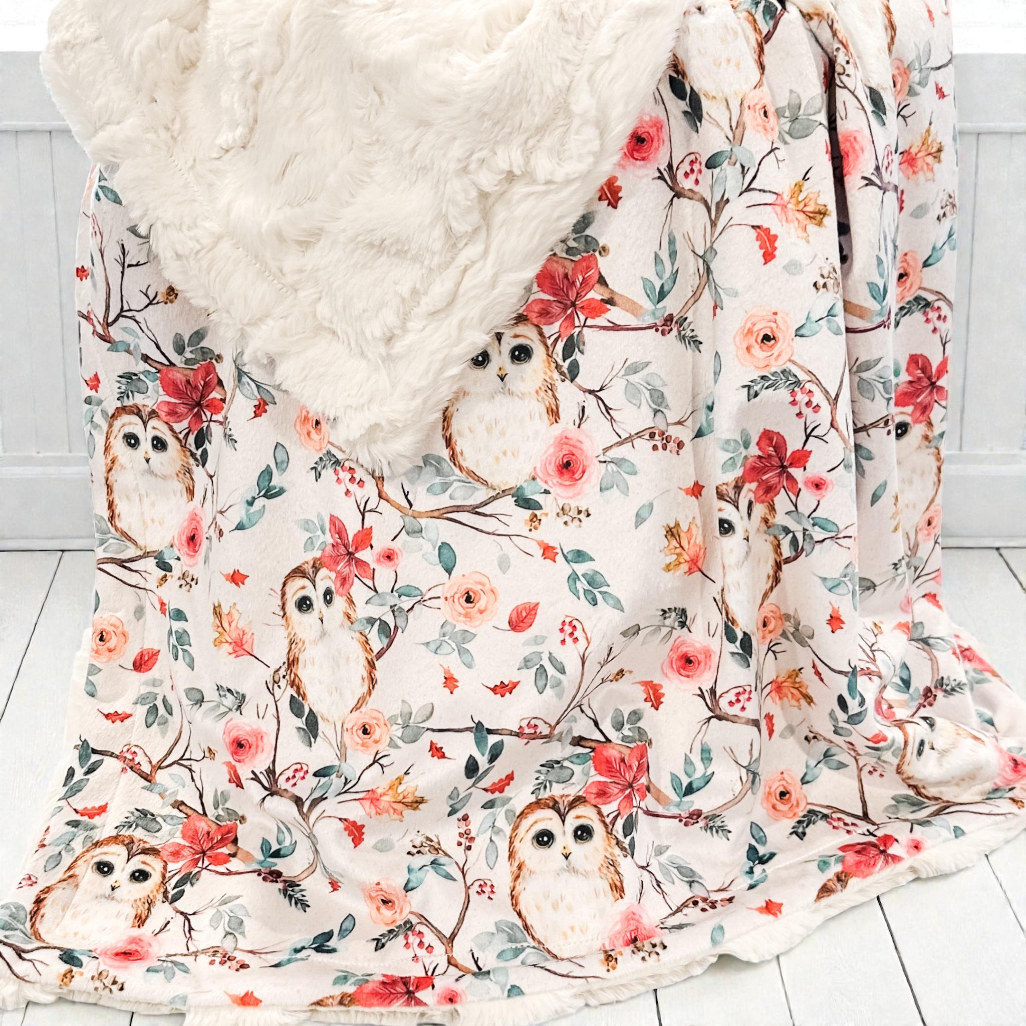 Lovey Blanket with Owls and Flowers | Minky Baby Blanket | Unique Gift for Baby Girl | Nursery Deco
