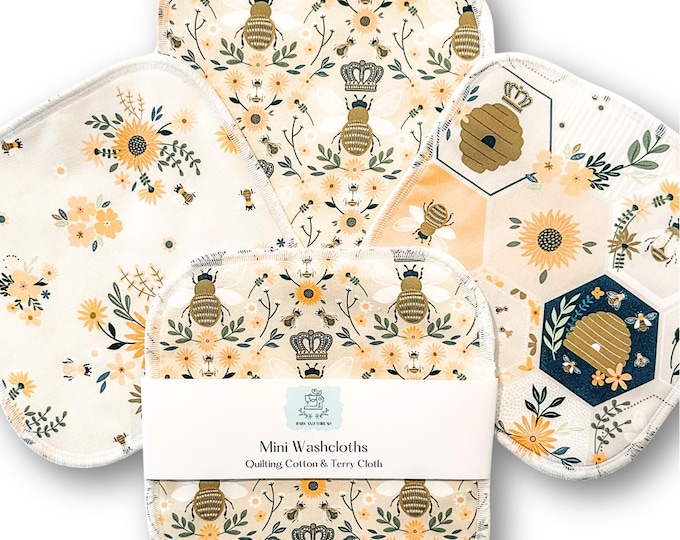 Bumble Bee Baby Washcloths – Set of 4 | Mini Washcloths with Organic Cotton Terry | Reusable Baby Wipes | Soft & Absorbent | New Baby Gift