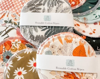 Reusable Cotton Rounds: Floral & Woodland Print Face Wipes, Set of 5
