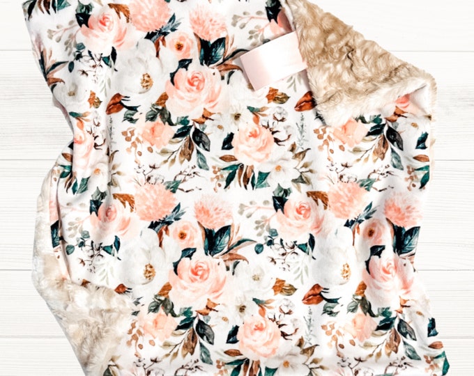 Vintage Magnolia Floral Lovey Blanket | Cozy Minky and Faux Fur | Watercolor Design | Security Blanket | Perfect Baby Girl Gift