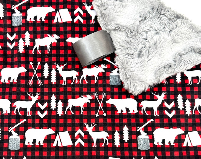 Woodland Christmas Lovey or Baby Blanket in Buffalo Plaid | Cozy Minky and Faux Fur | Cabin Bear Deer | Security Blanket | Perfect Baby Gift