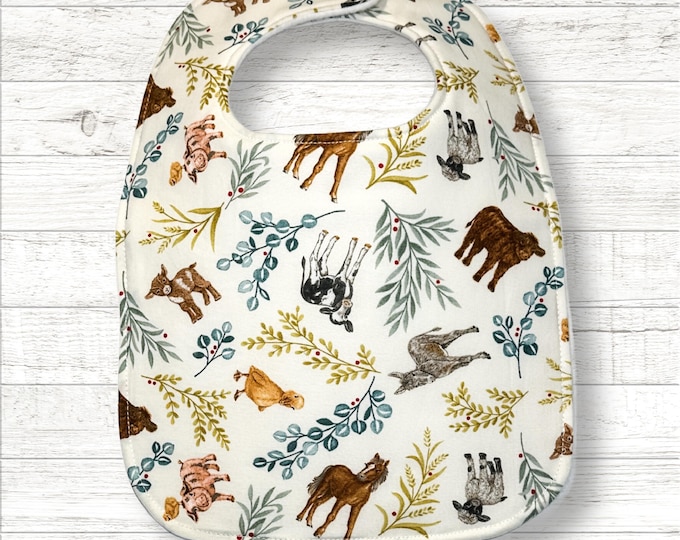 Farm Baby Bib, Designer Cotton with Triple Layered Organic Cotton Fleece, Cow Horse Pig Duck, Gifts Under 20, Baby Shower Gift