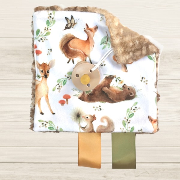 Woodland Pacifier Holder | Minky Paci Keeper | Baby Accessories | Fawn Bear Owl Fox | Baby Shower Gift