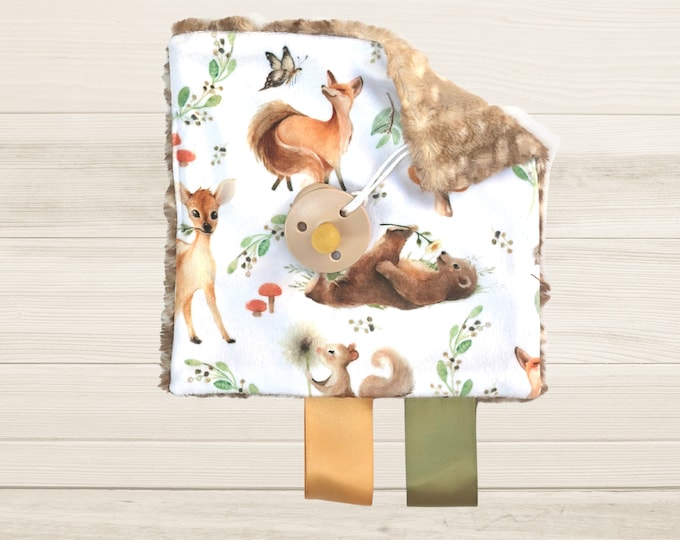 Woodland Pacifier Holder with Baby Animals | Minky Crinkle Toy| Baby Accessories | Sensory Toy | Baby Shower Gift