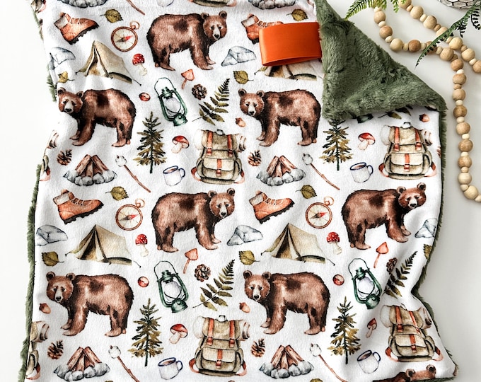 Adventure Awaits Baby Blanket - Hiking Camping Theme - Woodland Nursery - Soft Minky Blanket - Outdoor Baby Gift