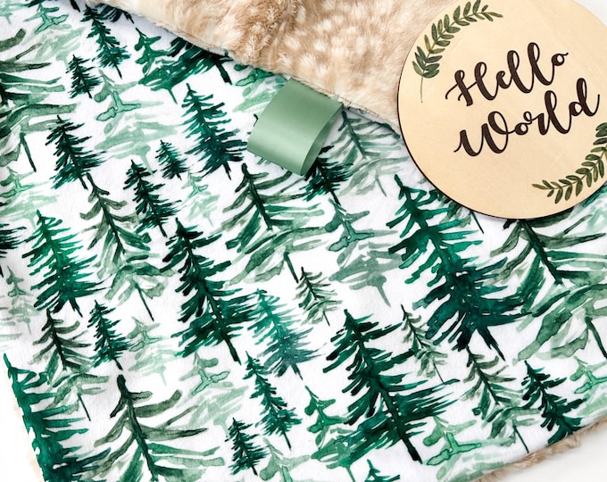 Forest Minky Lovey Blanket | Woodland Nursery Decor | Watercolor Pine Trees | Security Blanket | Perfect Baby Shower Gift