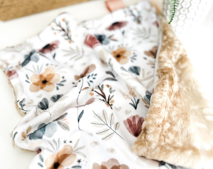 Personalized Boho Floral Lovey Baby Blanket | Cozy Minky and Faux Fur | Watercolor Design | Security Blanket | Perfect Baby Girl Gift