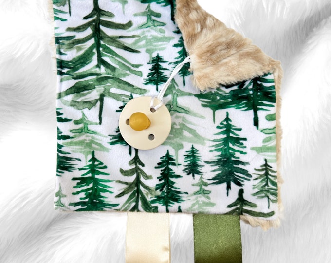 Woodland Pacifier Holder with Pine Trees | Minky Crinkle Toy| Baby Accessories | Sensory Toy | Baby Shower Gift